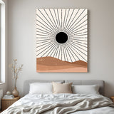 Boho minimal canvas with central black sun and radiating lines in a soft abstract desert scene