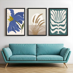 Boho wall art set of 3 with blue flower design, cropped floral close-up, and minimal flower print – perfect for nature-themed interiors