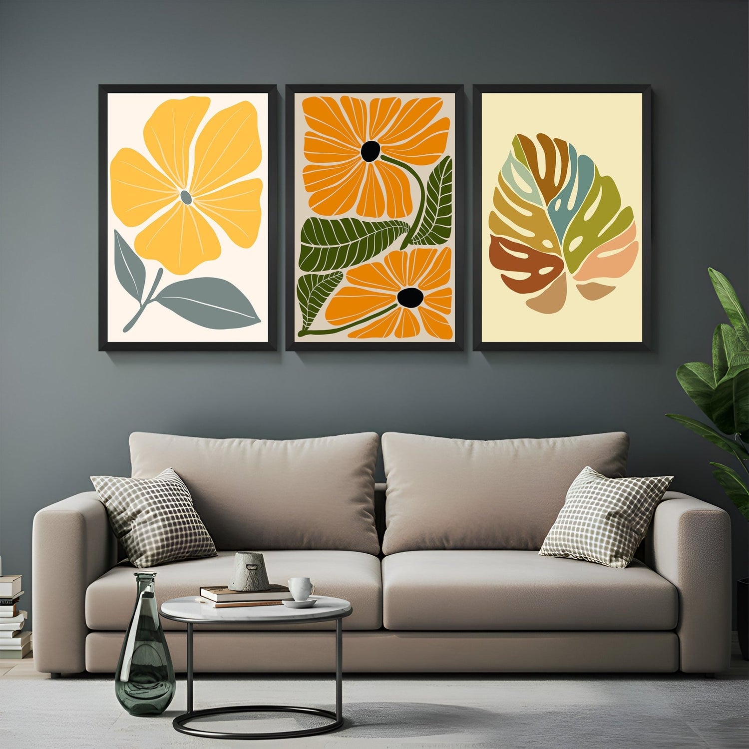 Set of 3 boho prints with minimal flower artwork, blooming florals, and simple leaf in soft earthy colors – perfect for neutral home styling