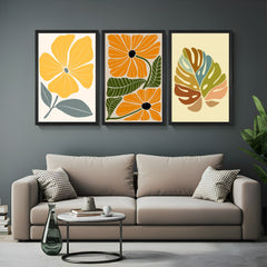 Set of 3 boho prints with minimal flower artwork, blooming florals, and simple leaf in soft earthy colors – perfect for neutral home styling