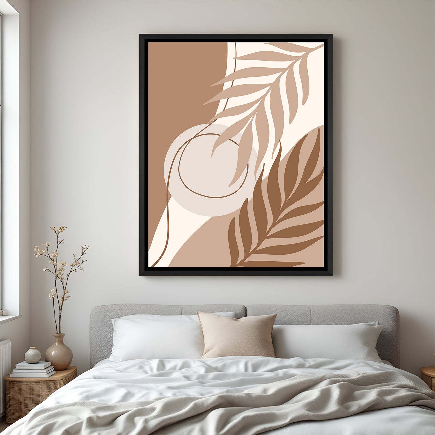 Black frame canvas featuring earthy brown shapes and delicate botanical strokes in boho style