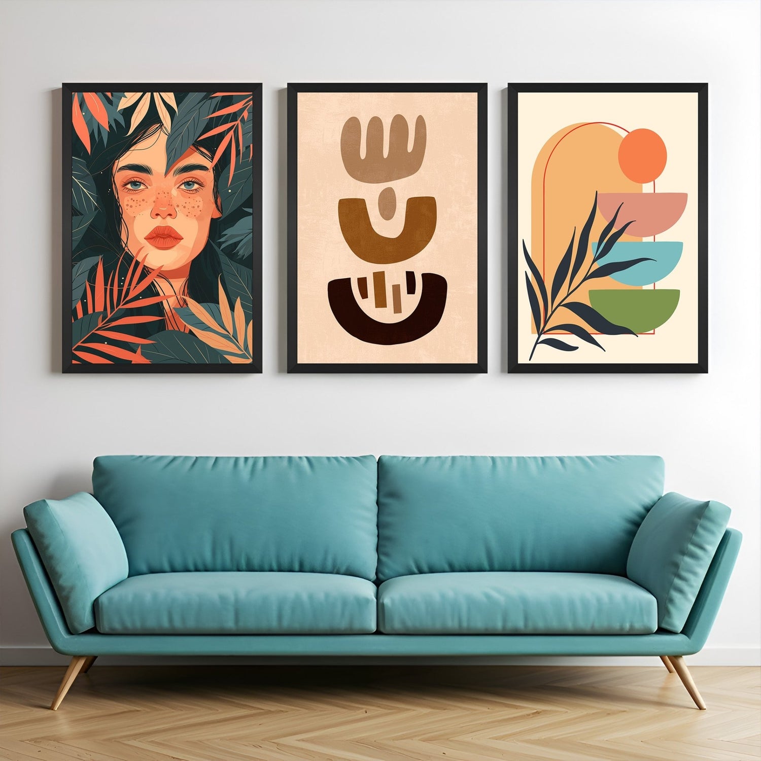 Boho canvas set featuring a girl hiding in leaves, neutral abstract art, and pastel minimalist design – for creative modern home decor