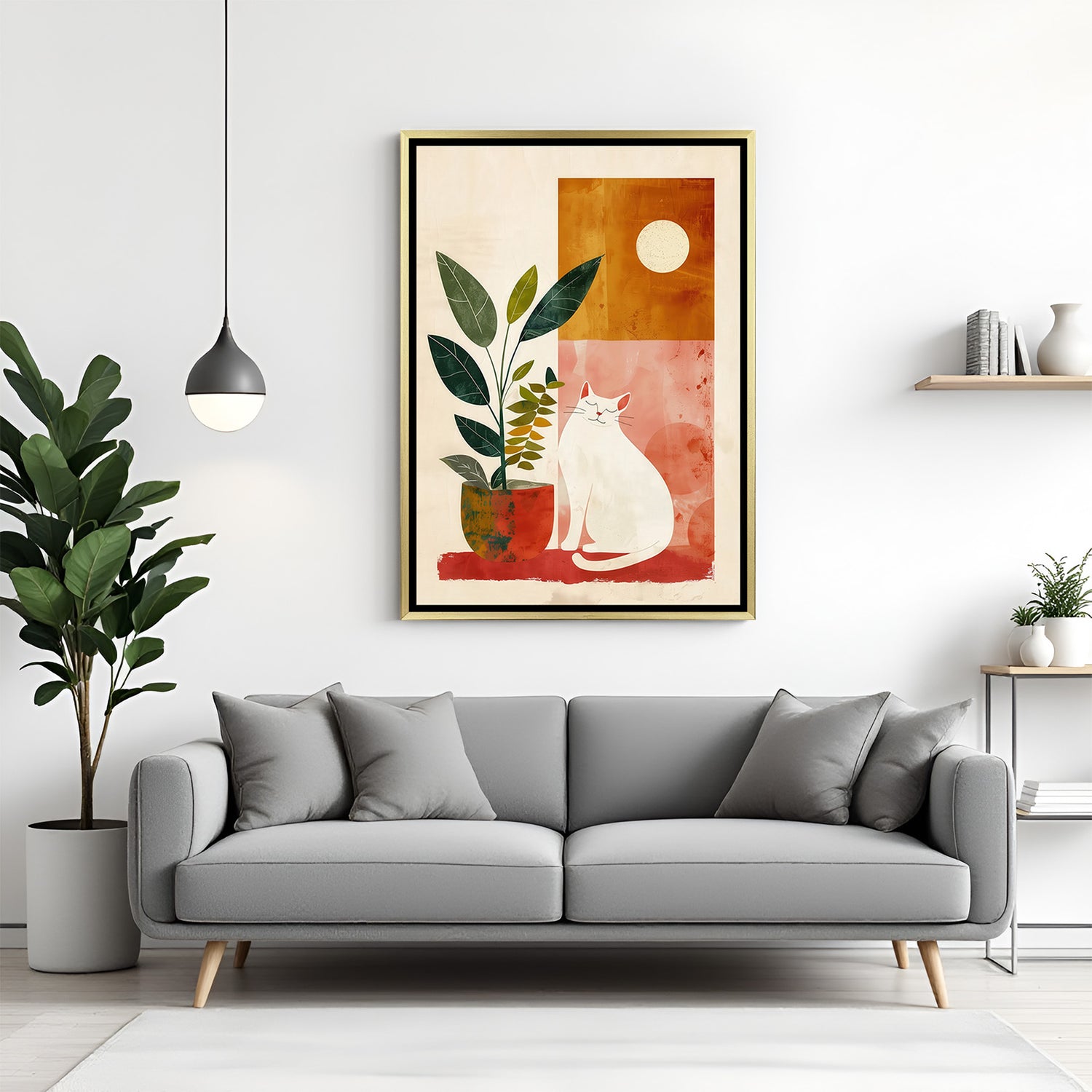 Minimal boho wall painting of cat and plant in golden floater frame for cozy decor spaces