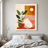 Minimal boho canvas wall art of a cat and plant – peaceful earthy toned home decor