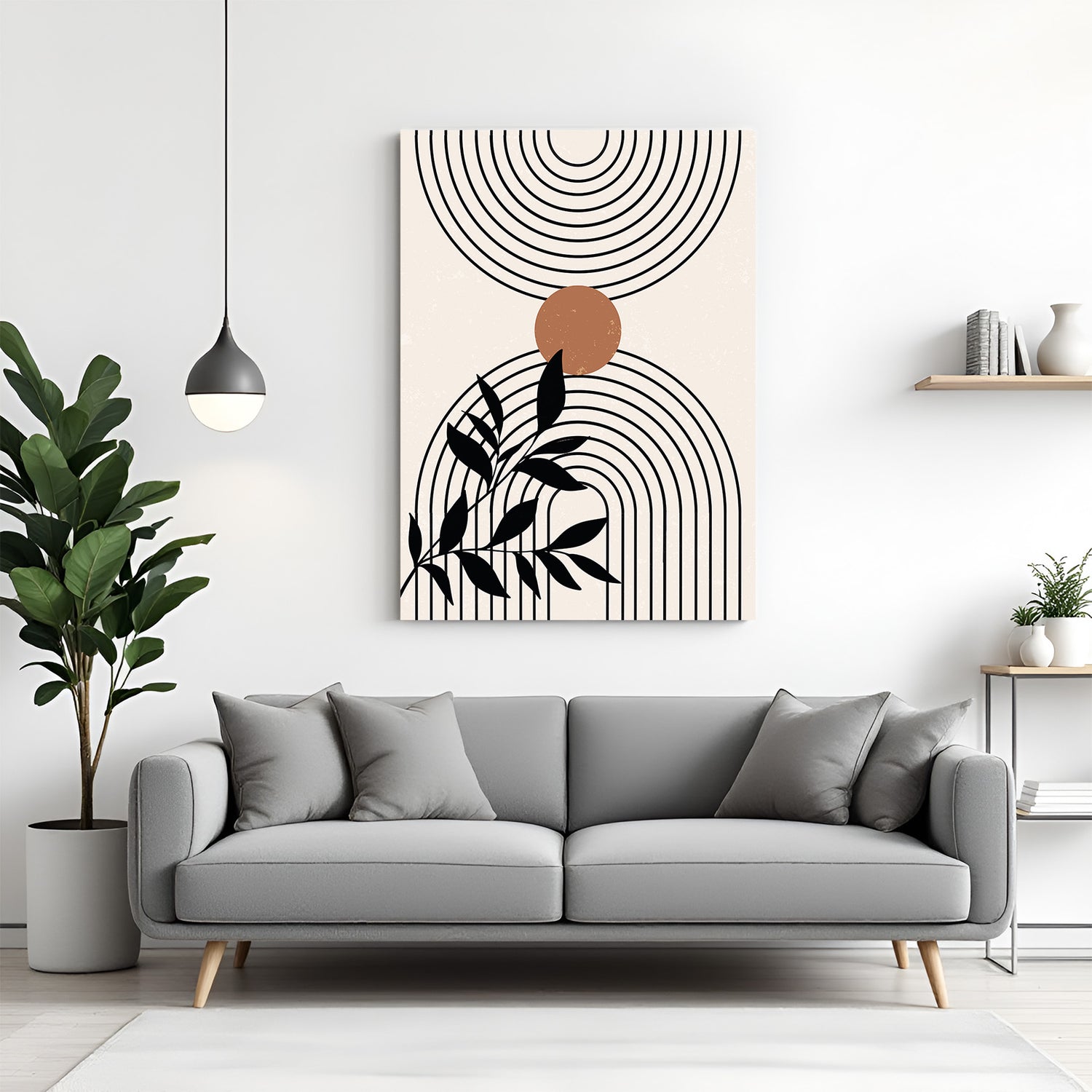 Bohemian canvas wall art with central circle, dark leaf stem and curved line design