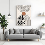 Bohemian canvas wall art with central circle, dark leaf stem and curved line design