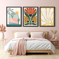 Boho wall art set of 3 with desert scene, floral-style flower art, and bohemian flower print – ideal for earthy and calming interiors