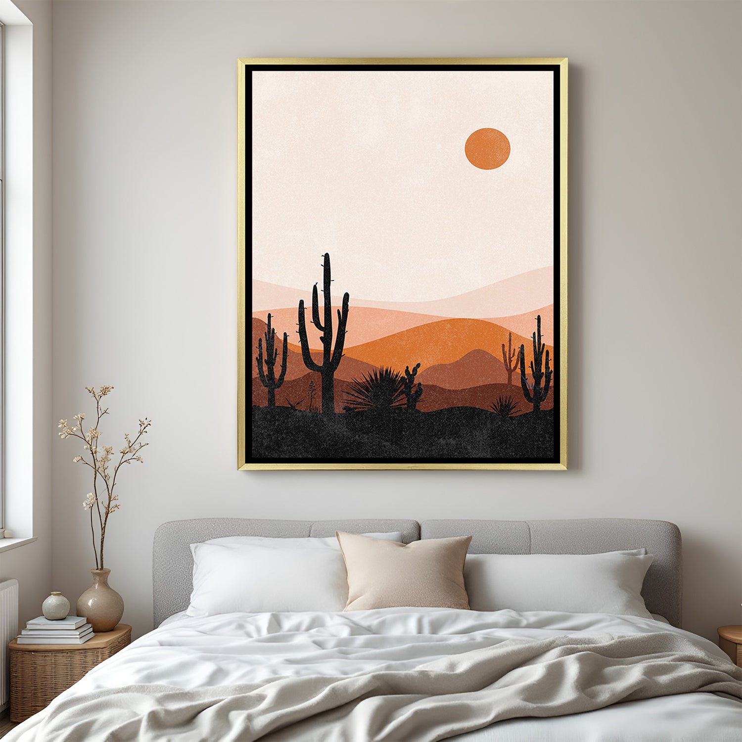 Minimal boho desert wall painting in golden floater frame for warm earthy interiors