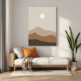 Boho canvas wall art featuring abstract desert dunes, sun, and earthy tones in minimal layout