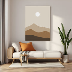 Boho canvas wall art featuring abstract desert dunes, sun, and earthy tones in minimal layout