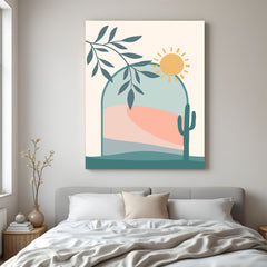 Boho canvas wall art with minimal desert shapes, cactus, and sun in soft filled pastel tones