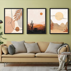 Bohemian wall art set of 3 featuring desert landscapes, sun, and cacti in warm earthy tones – perfect for calming, nature-inspired interiors