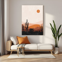Minimalist boho desert and sun canvas wall art with soft neutral tones for calming decor