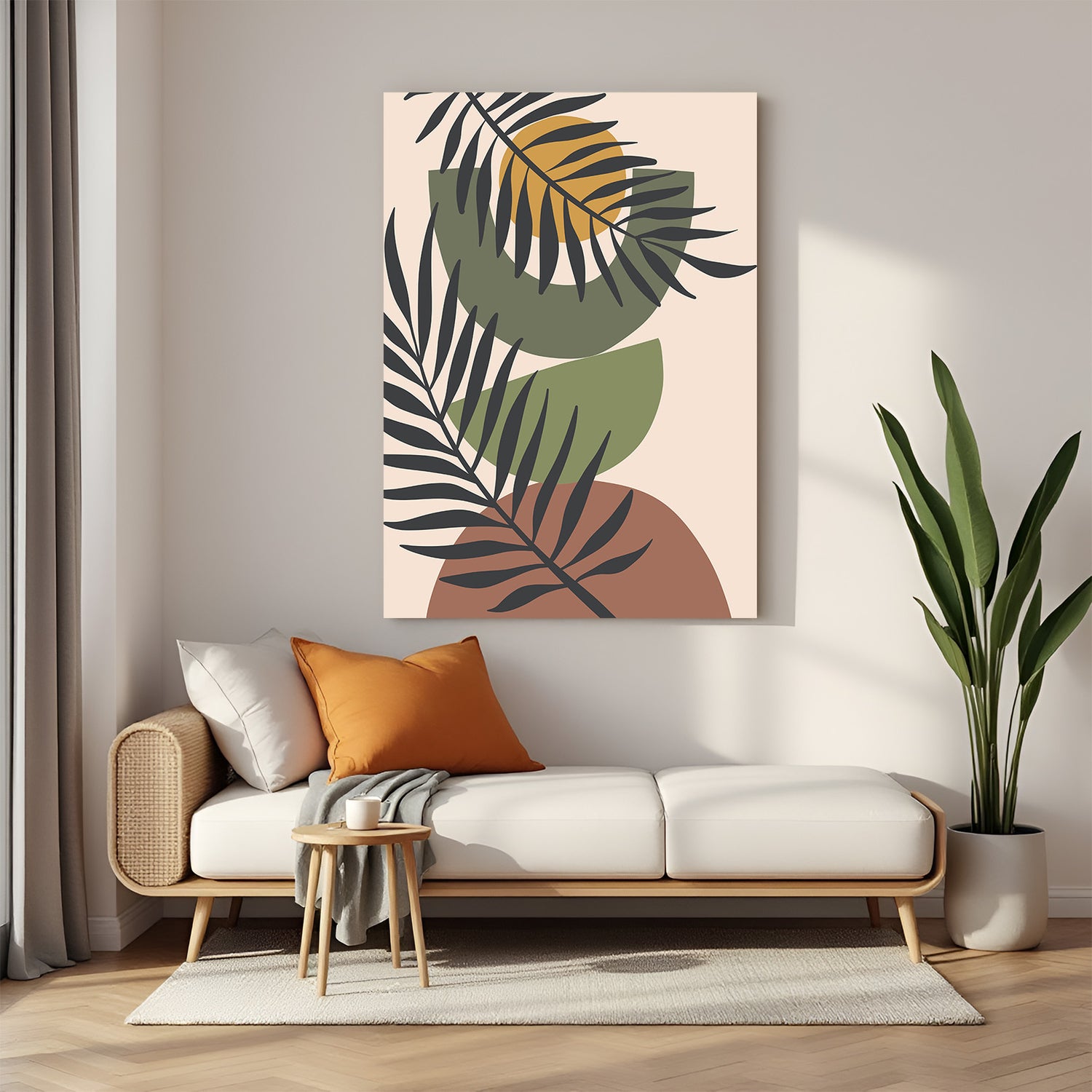 Boho minimal canvas art with soft earthy shapes and botanical leaf stem on neutral background
