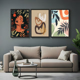 Boho wall art set of 3 featuring female portrait, earthy abstract design, and pastel-toned leaves – ideal for calm and modern interiors