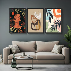 Boho wall art set of 3 featuring female portrait, earthy abstract design, and pastel-toned leaves – ideal for calm and modern interiors