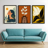 Boho wall art set of 3 with abstract female face, flower pot illustration, and single flower print – ideal for modern, botanical interiors