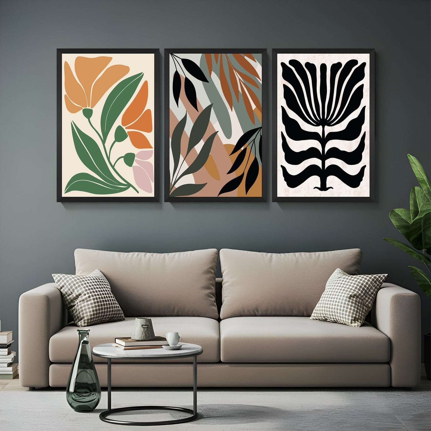 Boho wall art set of 3 with floral theme – botanical flower artwork printed on canvas for modern, earthy interiors