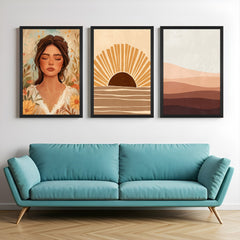 Boho wall art set of 3 featuring floral girl with closed eyes, artistic sun sketch, and minimal desert sand – perfect for earthy, calm interiors