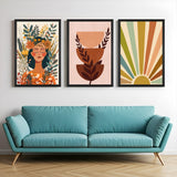 Boho canvas wall art set of 3 with floral-covered girl, earthy toned layered boughs with leaves, and pastel sunburst – for calm modern interiors