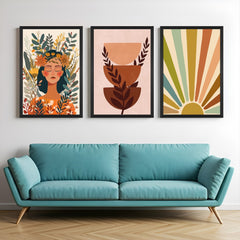 Boho canvas wall art set of 3 with floral-covered girl, earthy toned layered boughs with leaves, and pastel sunburst – for calm modern interiors