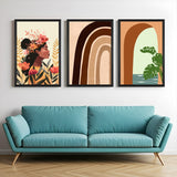 Boho canvas set of 3 featuring girl with floral background, kid-style rainbow in earthy tones, and minimalist archway design – perfect for warm interiors