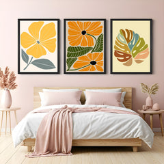 Bohemian canvas wall art set of 3 featuring one flower, two flowers, and a leaf design – ideal for earthy and floral modern interiors
