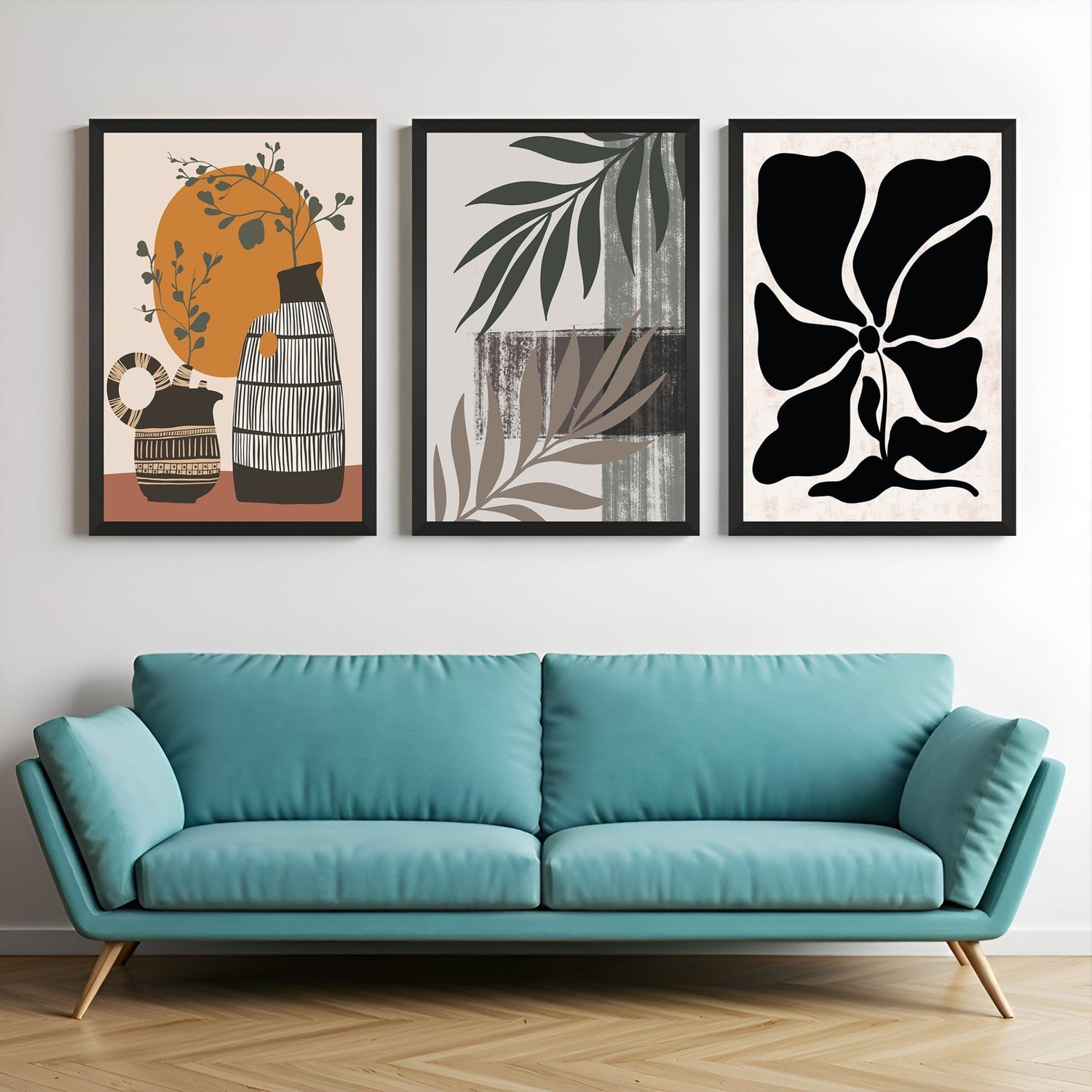 Boho wall art set of 3 with two flower pots, abstract leaf artwork, and black and white floral print – ideal for earthy, minimal interiors