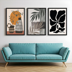 Boho wall art set of 3 with two flower pots, abstract leaf artwork, and black and white floral print – ideal for earthy, minimal interiors