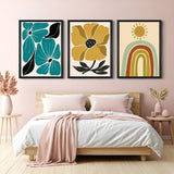 Boho canvas wall art set of 3 featuring two different floral designs and a rainbow with sun – perfect for cheerful and calm modern interiors