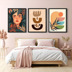 Boho wall art set of 3 featuring a girl behind leaves, earthy abstract design, and pastel minimal art – perfect for stylish, natural interiors