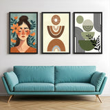 Boho wall art set of 3 featuring girl with closed eyes, abstract minimalist shapes, and green stone-like design – ideal for modern earthy interiors