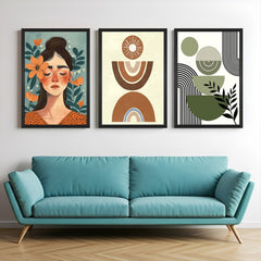 Boho wall art set of 3 featuring girl with closed eyes, abstract minimalist shapes, and green stone-like design – ideal for modern earthy interiors