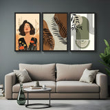 Boho wall art set of 3 featuring a girl artwork, earthy abstract print, and green toned line art – perfect for soft, grounded interiors