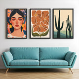 Boho wall art set of 3 featuring girl’s face line art, three floral blooms, and tall cactus – perfect for earthy modern decor