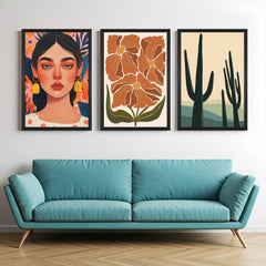 Boho wall art set of 3 featuring girl’s face line art, three floral blooms, and tall cactus – perfect for earthy modern decor