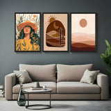 Boho wall art set of 3 featuring girl with hat and flowers, desert sun and moon scene, and sun over sand – perfect for earthy, calming interiors