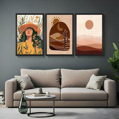Boho wall art set of 3 featuring girl with hat and flowers, desert sun and moon scene, and sun over sand – perfect for earthy, calming interiors