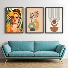 Set of 3 modern boho prints featuring a trendy floral girl, two botanical pots with soft pastel background, and clean minimal abstract line art