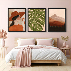 Boho wall art set of 3 with girl wearing a hat (side view), green leaf print, and minimal earthy-toned mountain canvas – ideal for peaceful interiors