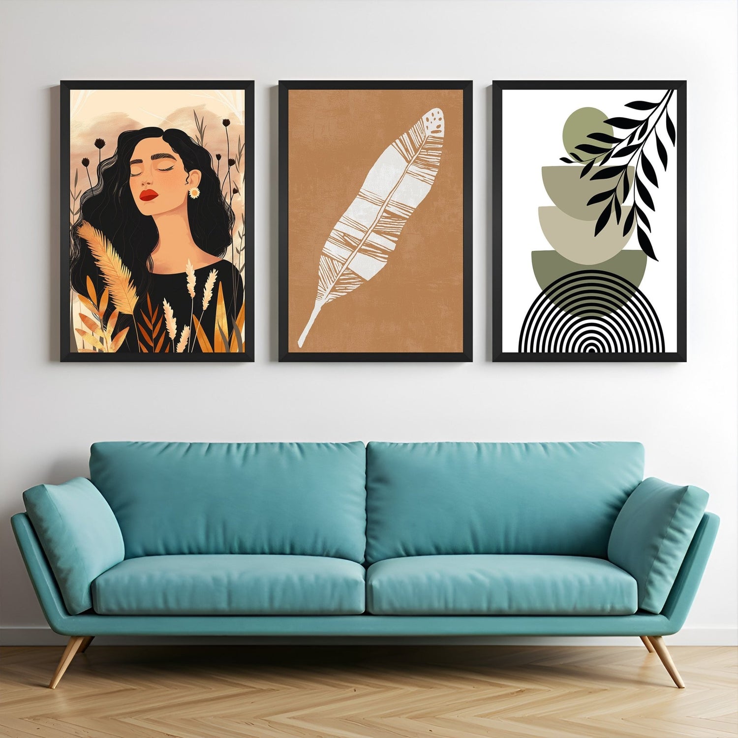 Boho wall art set of 3 with girl in bohemian style, botanical leaf print, and green-toned minimalist canvas – ideal for natural, earthy interiors