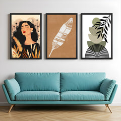 Boho wall art set of 3 with girl in bohemian style, botanical leaf print, and green-toned minimalist canvas – ideal for natural, earthy interiors