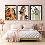 Boho wall art set of 3 featuring unique bohemian girl, minimal abstract design, and green earthy print – ideal for modern minimalist interiors