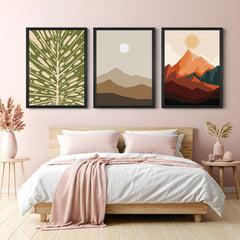 Boho wall art set of 3 with bold green abstract pattern, sand dunes and sun, and mountain landscape print – ideal for earthy, calm interiors
