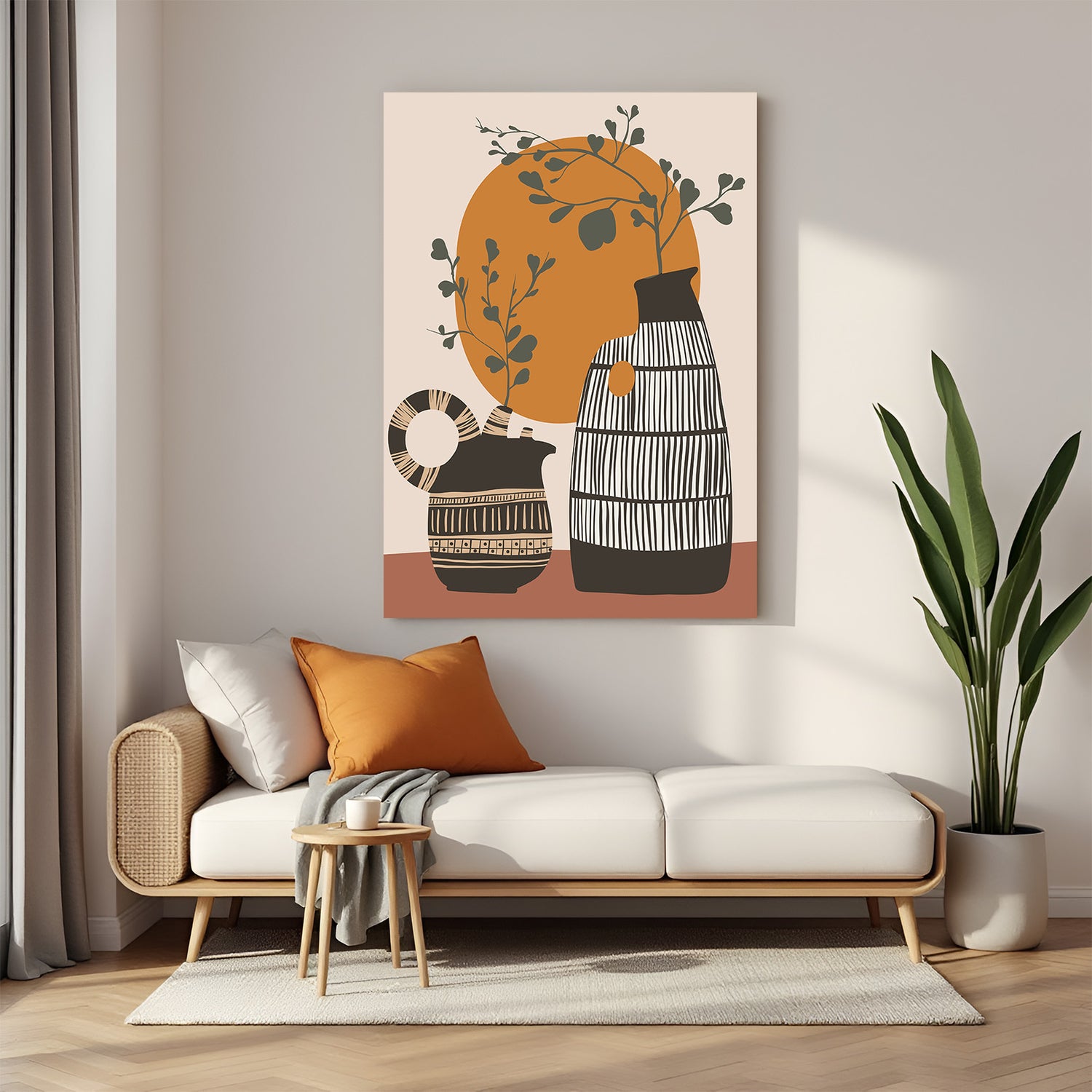 Minimal boho canvas wall art with two Japanese-style vases and thin botanical stems