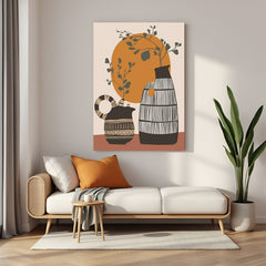 Minimal boho canvas wall art with two Japanese-style vases and thin botanical stems