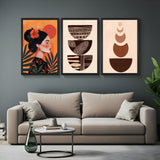 Boho canvas wall art set of 3 featuring side view of Japanese girl, bowl artwork with prints, and earthy toned abstract shapes – ideal for modern decor