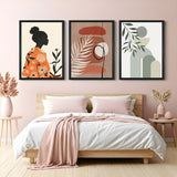 Boho wall art set of 3 with Japanese girl, earthy abstract canvas, and green minimalist art – perfect for modern nature-inspired interiors
