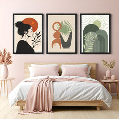 Boho wall art set of 3 with Japanese girl illustration, minimal abstract print, and green boho design – perfect for calm, earthy interiors