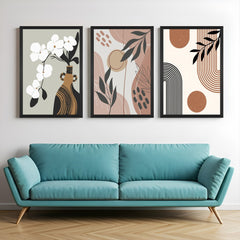 Boho wall art set of 3 featuring Japanese flower pot with white flower, minimal abstract canvas, and modern Gen Z-style art – perfect for trendy interiors